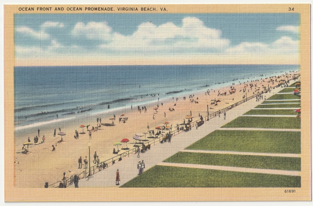 Virginia Beach VA Ocean Front View Promenade Beach Bathers Postcard c1940s