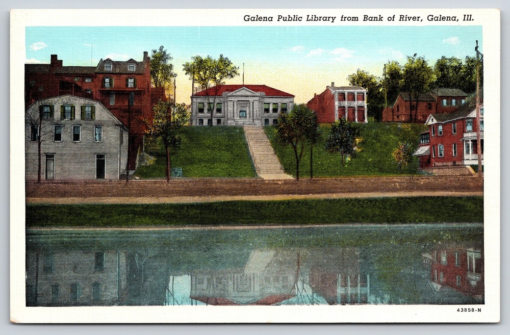 Galena Illinois~Public Library From Bank Of River~Vintage Linen Postcard