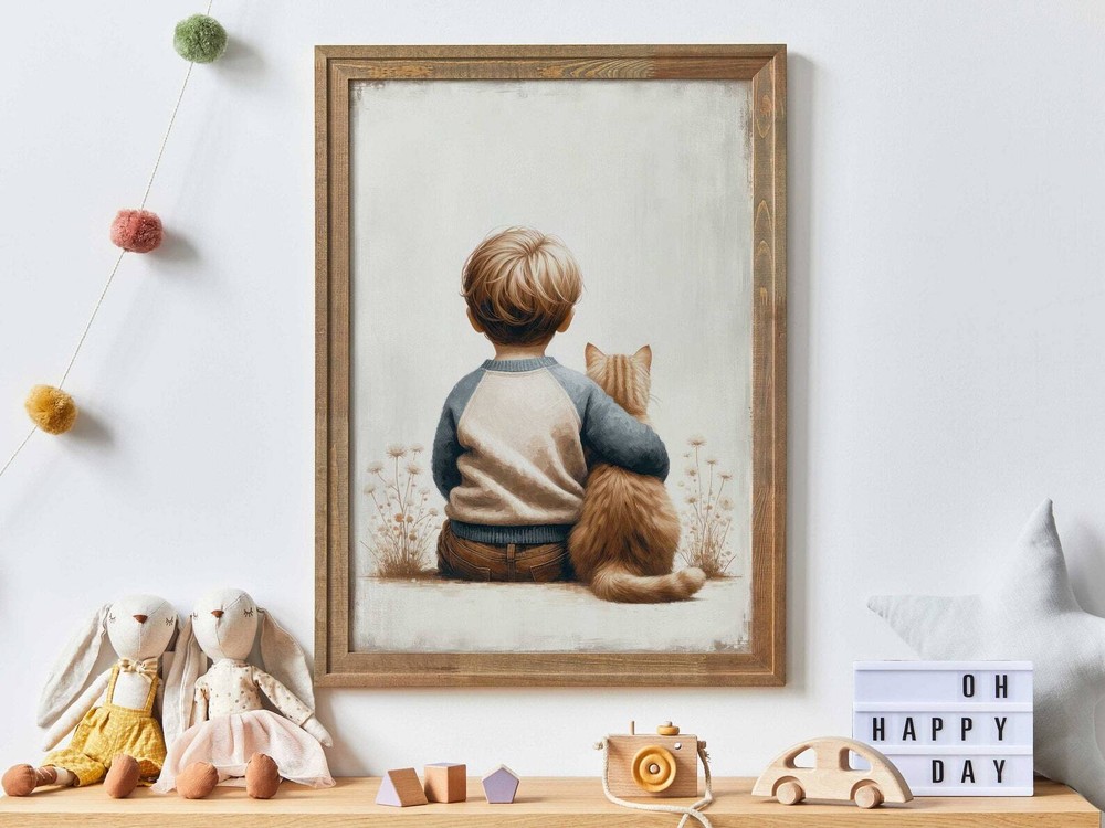 Boy Cat Painting Cat Nursery Print Cat Wall Art Boys Room Cat Decor Cat And Boy