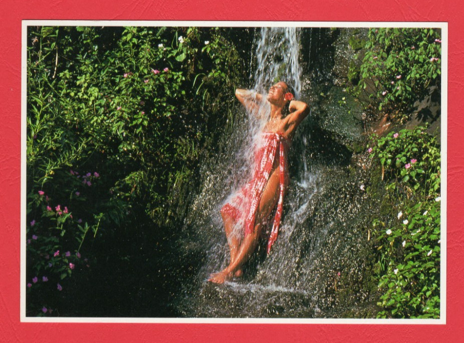 Aloha from Hawaii Postcard - Beautiful Island Girl by Waterfall Tropical Flowers