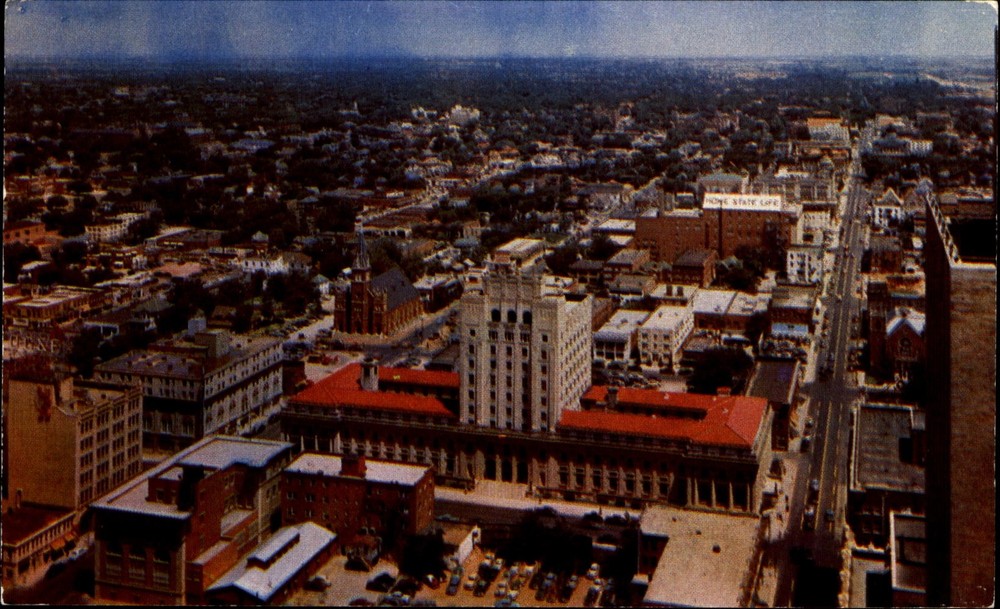 Oklahoma City skyline from southwest ~ unused aerial view postcard 1950s
