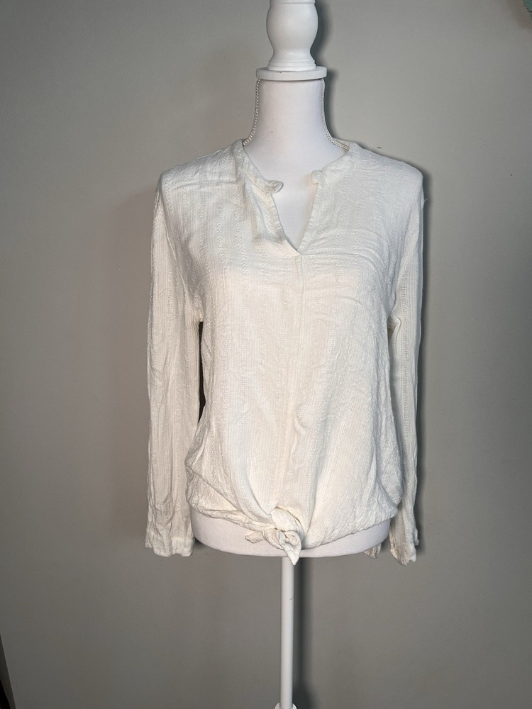 Dylan Cream Textured Stitch Top with Front Tie & High-Low Hem