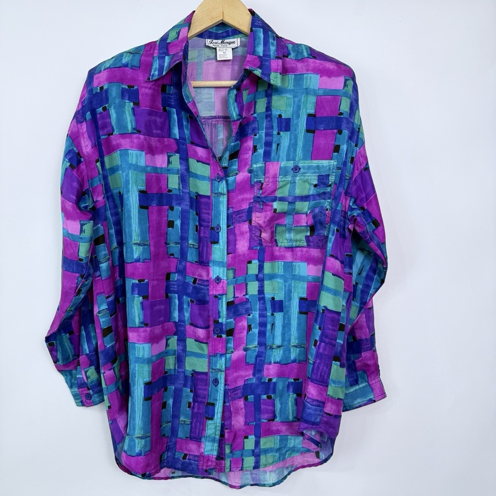 Vintage Jeri Marque Silk Button Up Top Medium Oversized Abstract Artsy Colorful