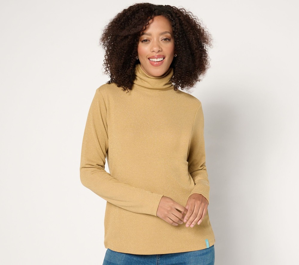 Isaac Mizrahi Live! Women's Top Sz XL Apres Shimmer Knit Turtleneck Brown
