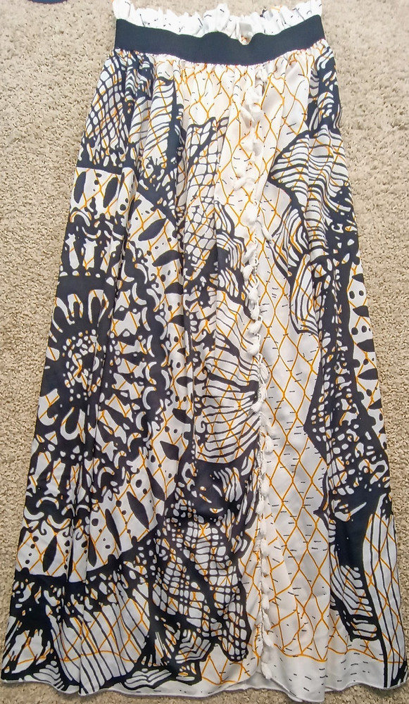 Boho Chic White Black Gold Geometric Maxi Skirt High Rise Split Opening Size M