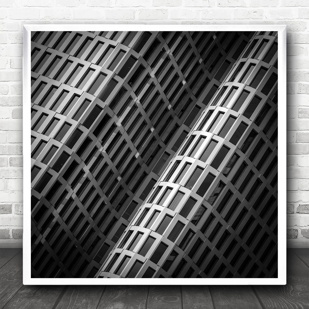 Black White Grey Building Pattern Structure Windows Shadows Square Art Print