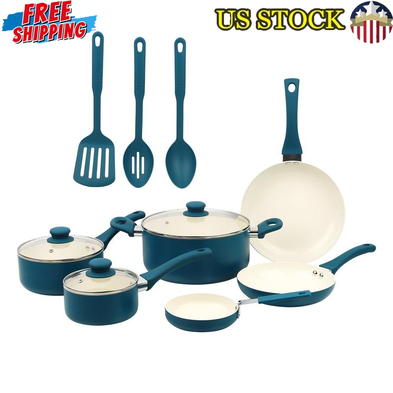 12 Pcs Ceramic Cookware Set Aluminum Kitchen Nonstick Frying Pan & Saucepan Set