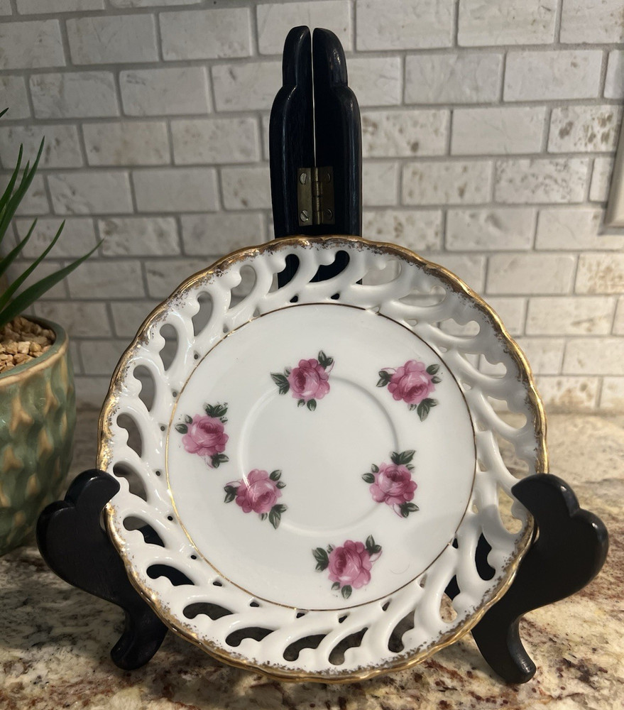 Cherry China Porcelain Floral Rose Pierced Rim Plate Gold Trim Round Japan 6”