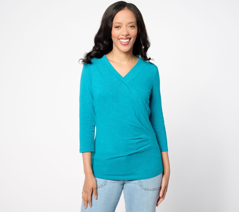Belle by Kim Gravel Women's Top Sz XL Slub Knit Faux Wrap Blue A651235