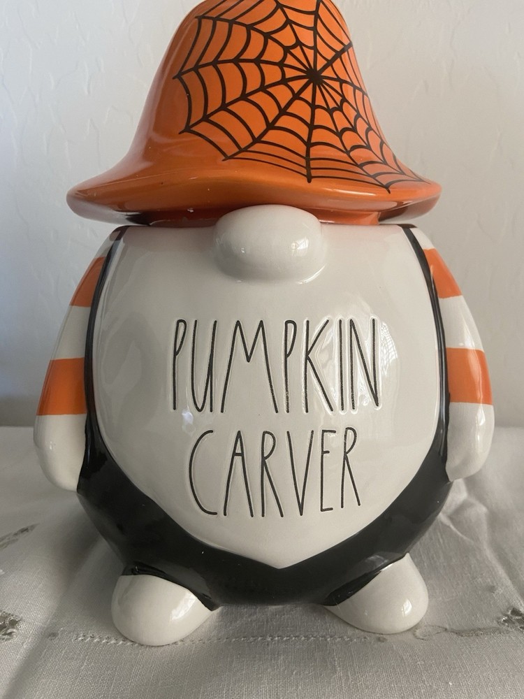 Rae Dunn PUMPKIN CARVER Ceramic Halloween Gnome Canister w/ Lid - Cookie Jar