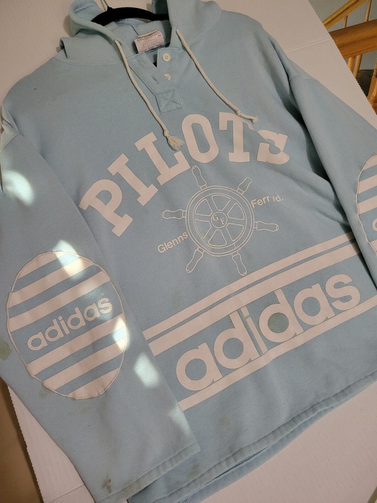 Vintage Adidas Lt Blue Hoodie 1/4 Button Elbow Patches Pilots Glenns Ferry ID