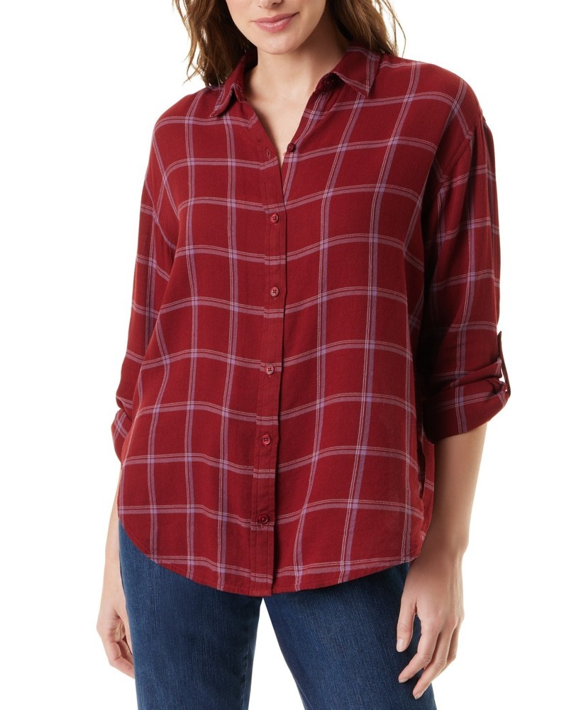 Gloria Vanderbilt Women's Amanda Roll-Tab-Sleeve Shirt Red Brick Size M