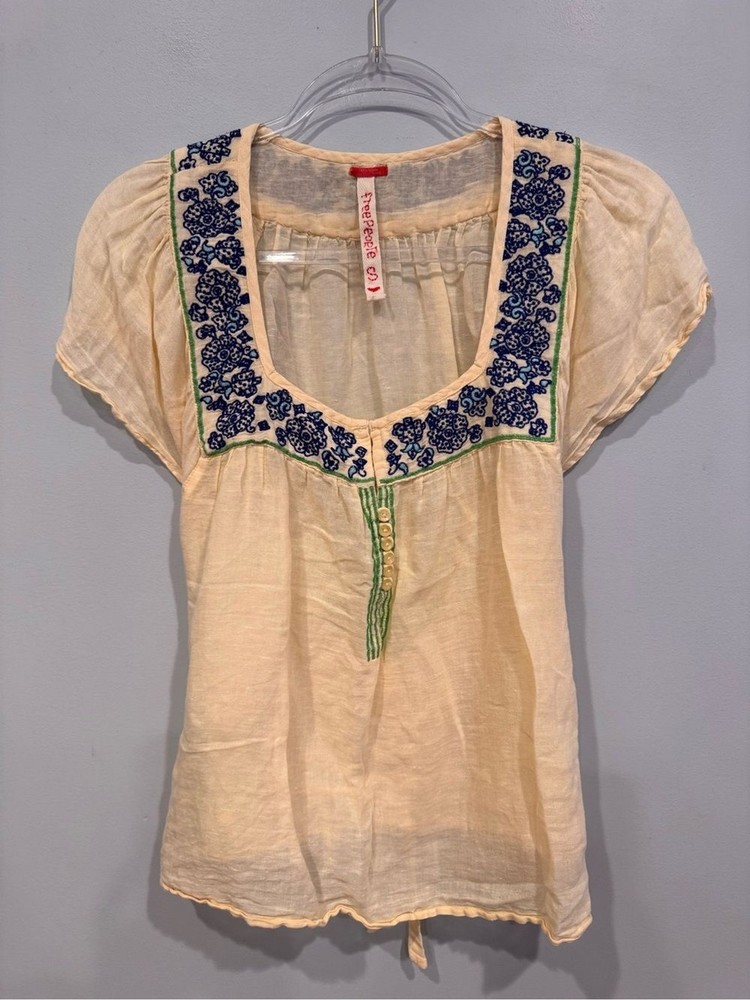 Y2K Free People Gauze Peasant Blouse Embroidered