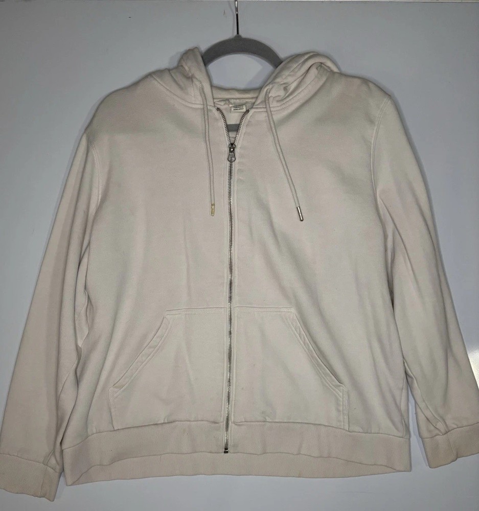 Women’s White Zip Up Draw String Hoodie Long Sleeve Pocket Coat H&M