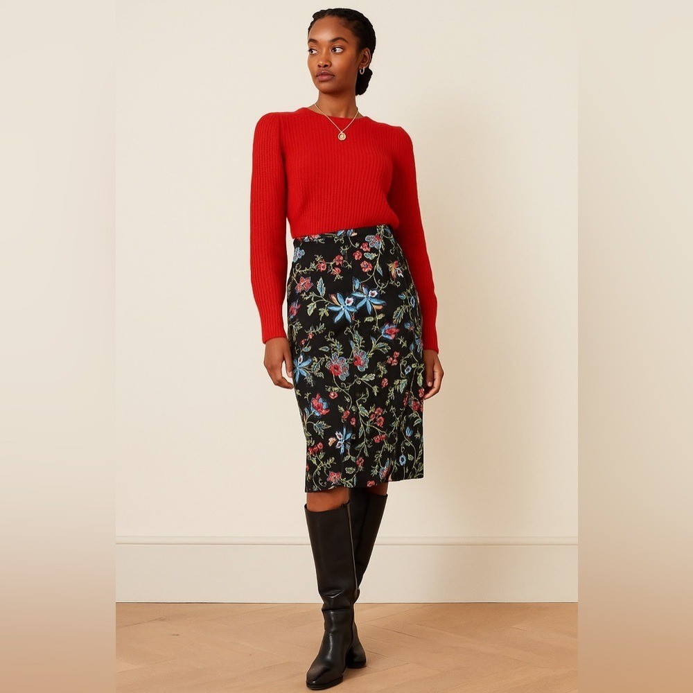 Talbots Black Floral Wrap Midi Skirt Cotton Botanical Print Size 14