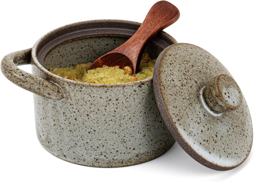 Speckled Ceramic Salt Cellar W/ Lid & Wooden Spoon Rustic Farmhouse Salt Pepper