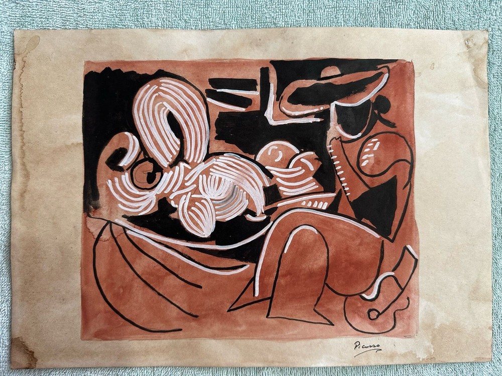 PICASSO drawing and painting on old paper signed stamped vintage