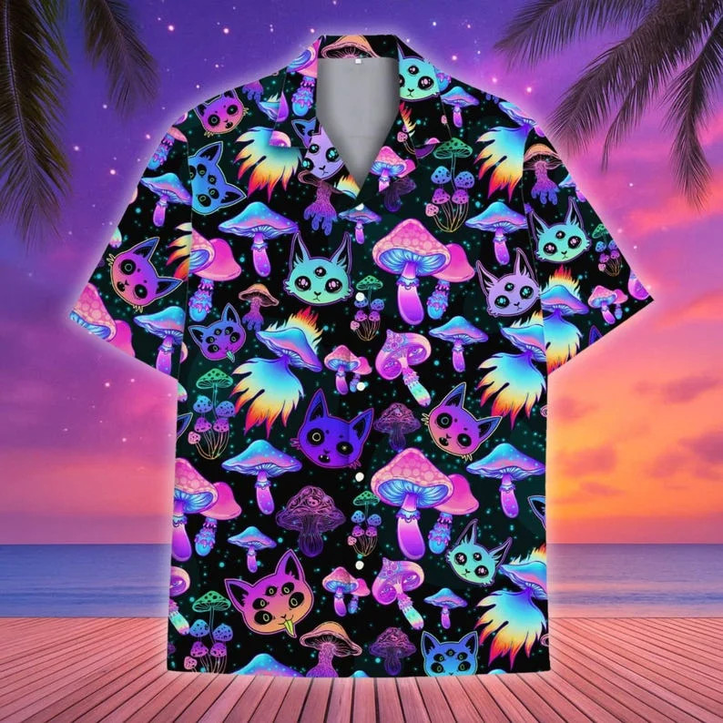 Mushroom Neon Alien Cat Hawaiian Shirt Aloha Summer Beach Party Mens