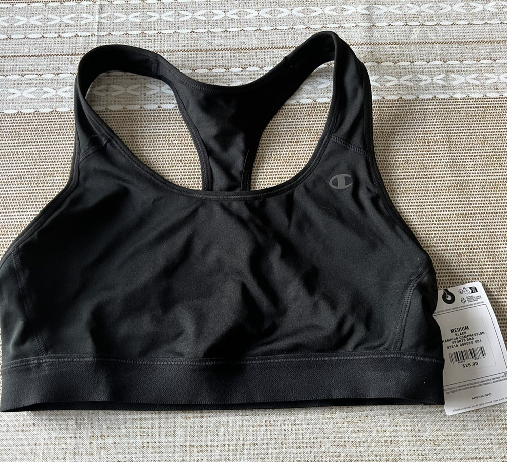 Champion Black Compression Sport Bra Medium Support Razer Back Size Medium NWT