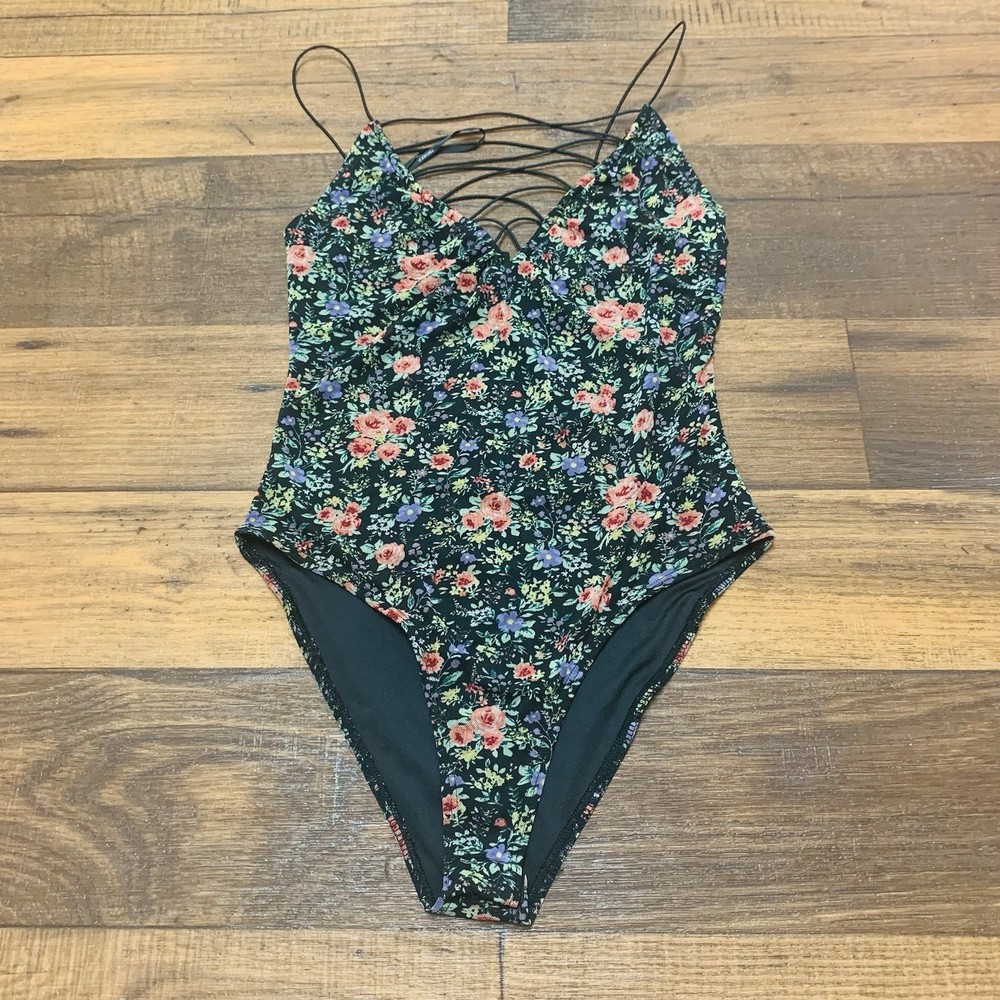 Forever 21 Black Floral Bodysuit Womens Sz S Strappy Mesh Sleeveless Top Stretch