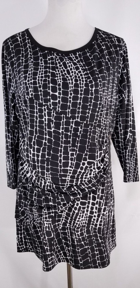 Women's Black White Animal Print Ruched Lagenlook Tunic with Zipper Size L