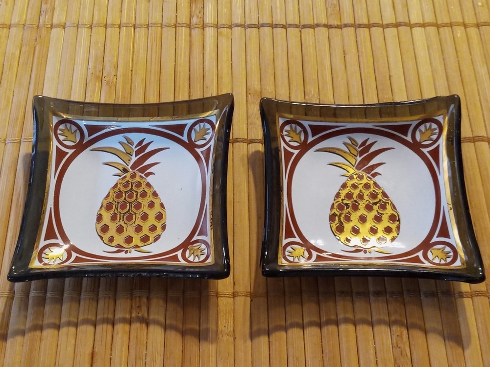 Set of 2 Smoke Glass Pineapple Trinket Trays or Condiment Dishes Small Size