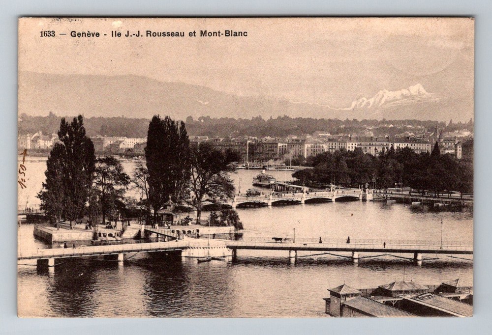 Switzerland- Geneva Rousseau Island Mont Blanc Bridge Old Vintage c1913 Postcard