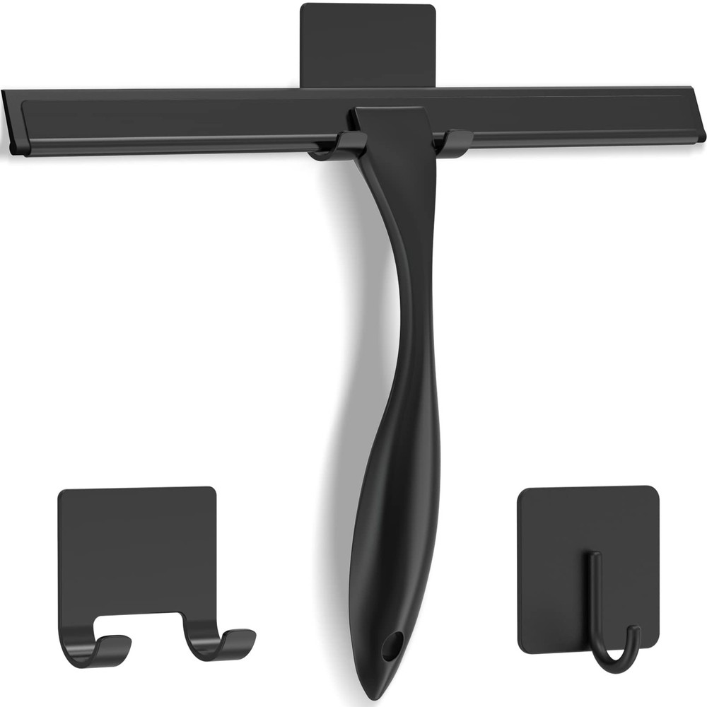All-Purpose Stainless Steel Shower Squeegee for Doors with 2 Adhesive Hooks