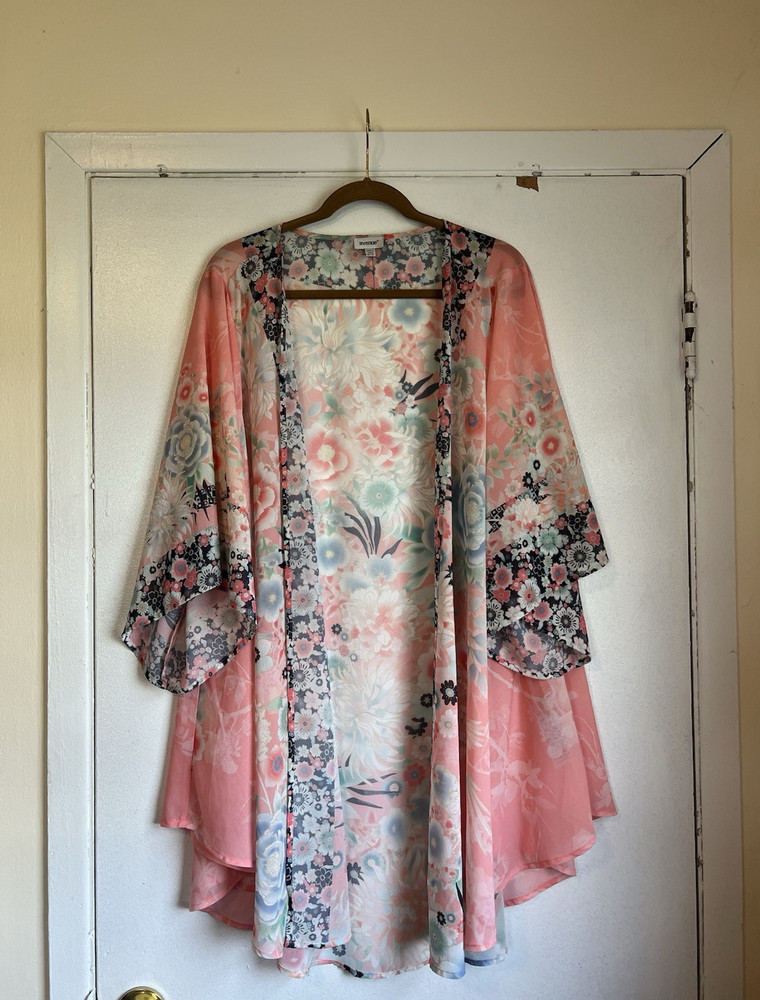 Avenue Floral Peach/Pink  Multicolor Sheer Kimono Duster 3/4 Sleeve Plus Size 4X