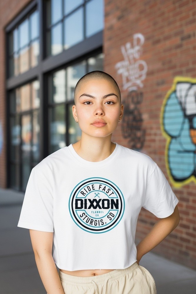 Dixxon Women’s Size Sturgis M Ride Fast, Sturgis Cropped WHITE T-Shirt Raw Hem