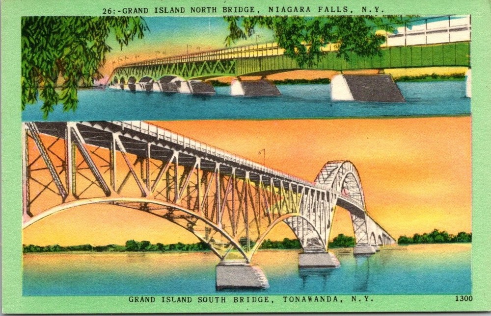 Grand Island Bridges Niagara Falls Tonawanda NY Vintage Linen Postcard