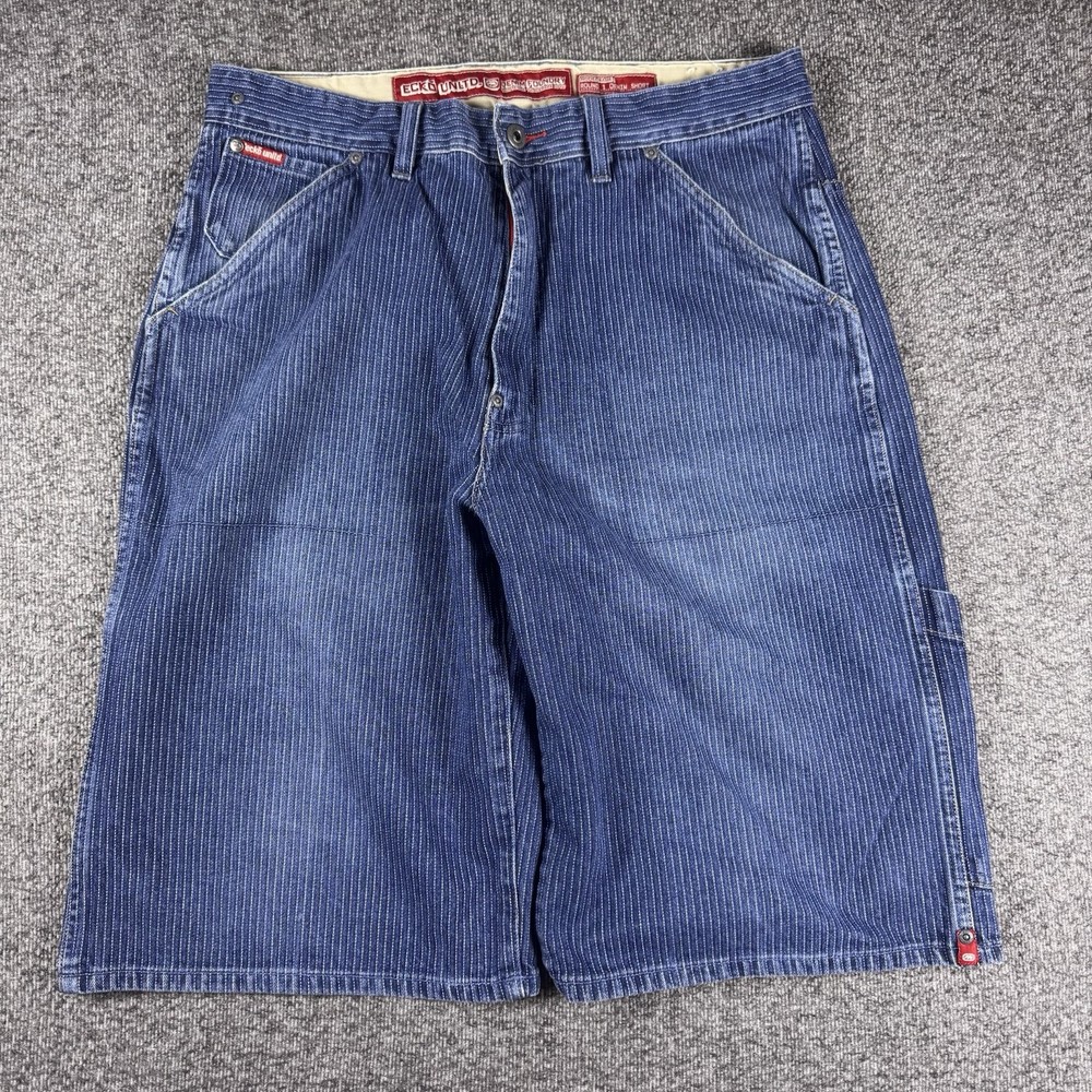 Vintage Ecko Unltd Jean Shorts Mens 32 Blue Stripped Baggy Jorts Skater Y2K 90s