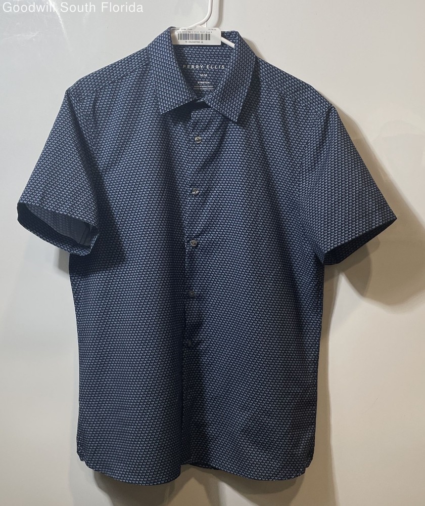 Perry Ellis Mens Blue Geometric Short Sleeve Stretch Button-Up Shirt Size M