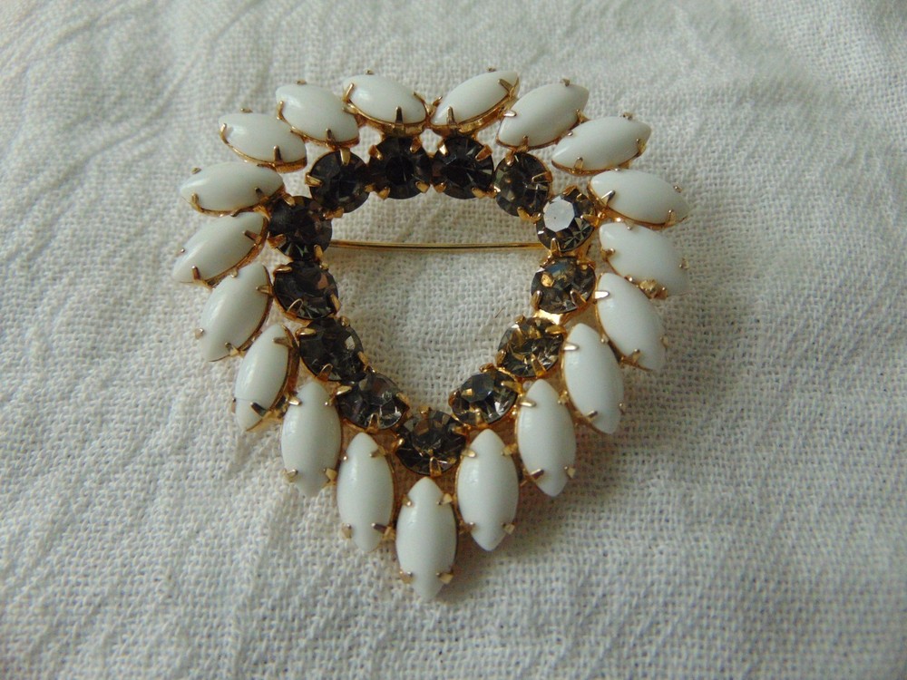 vintage Juliana milk glass navettes gray crystals heart brooch