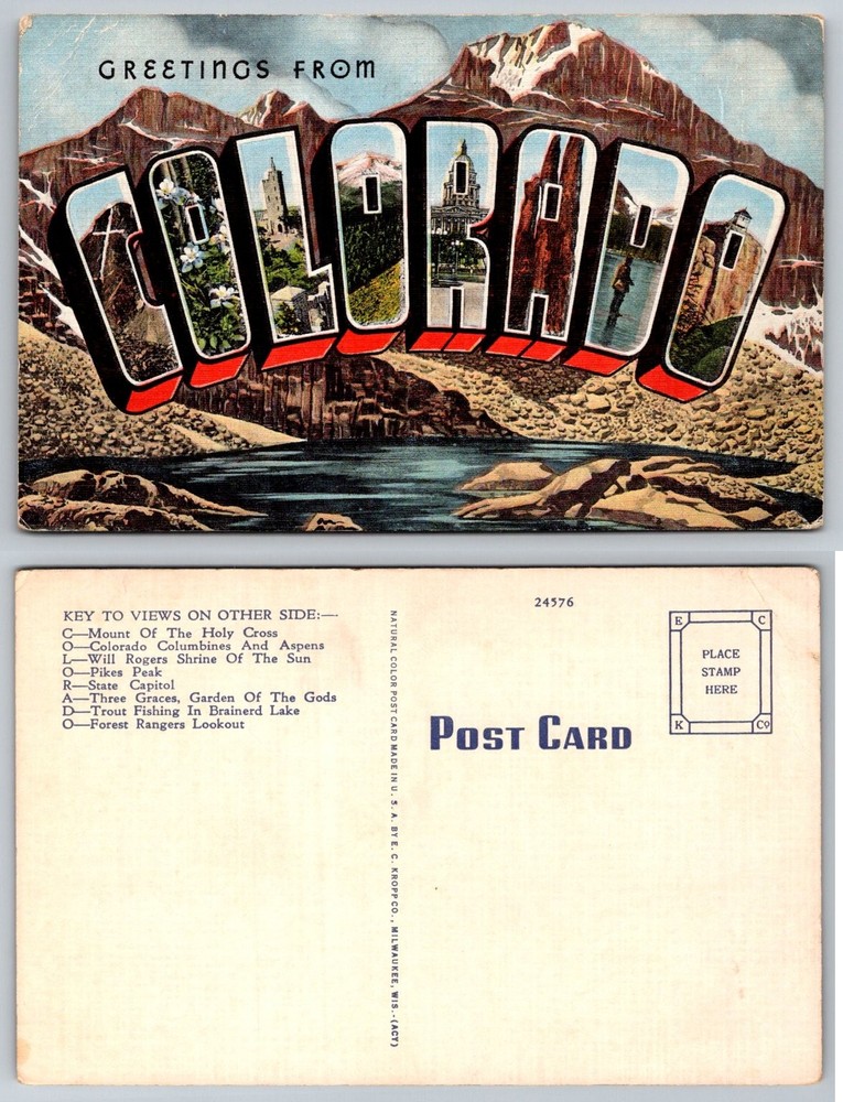 Greetings From Colorado Large Letter Linen Postcard Multi-View E. C. Kropp