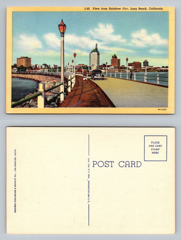Long Beach, CA-California, Rainbow Pier Waterfront Skyline View Vintage Postcard