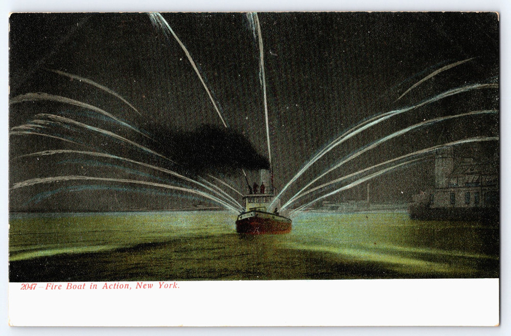 New York City New York NY Fire Boat In Action On River At Night Vintage Postcard