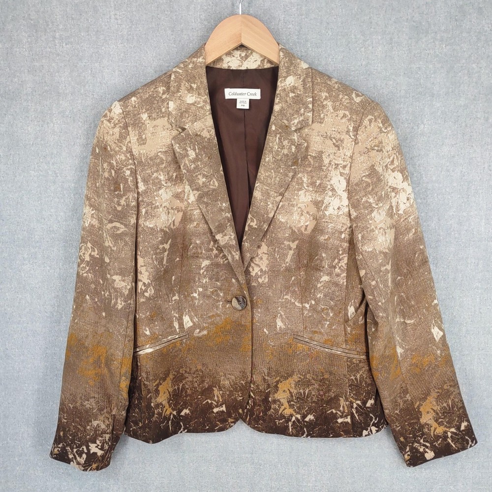 Coldwater Creek Western Career Blazer Women Petite 10 Brown Gold Abstract Artsy