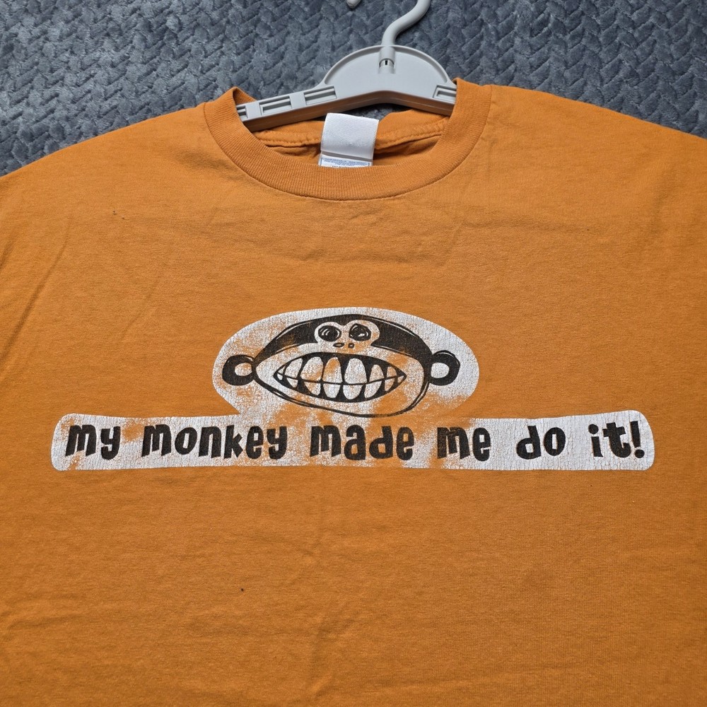 My Monkey Made Me Do It Funny Meme T-Shirt Men’s Medium Orange Vintage Y2K