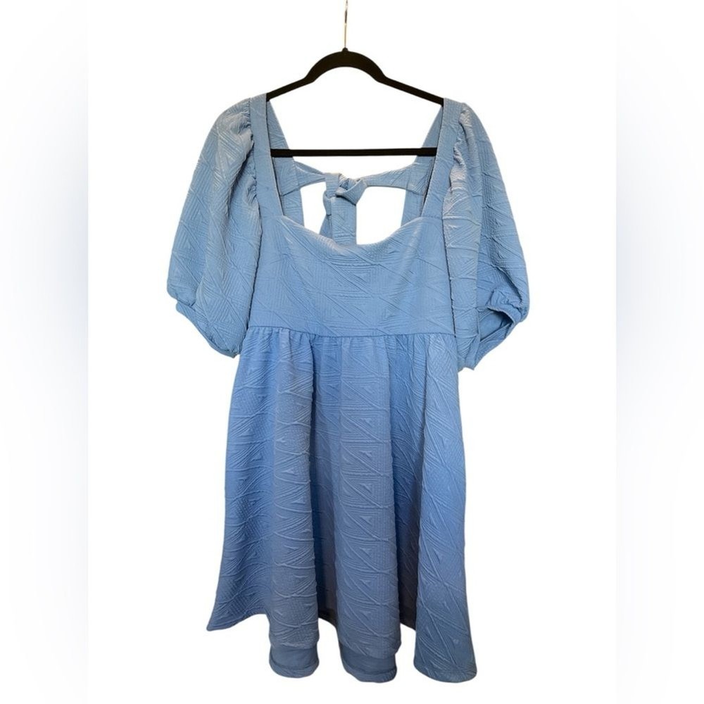 Free People Womens Blue Textured Mini Dress Open Back Tie Puff Sleeve Size L