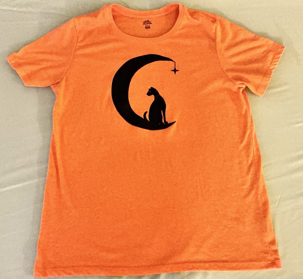 Women’s T Shirt By Way To Celebrate Halloween Orange Black Cat Juniors Size L