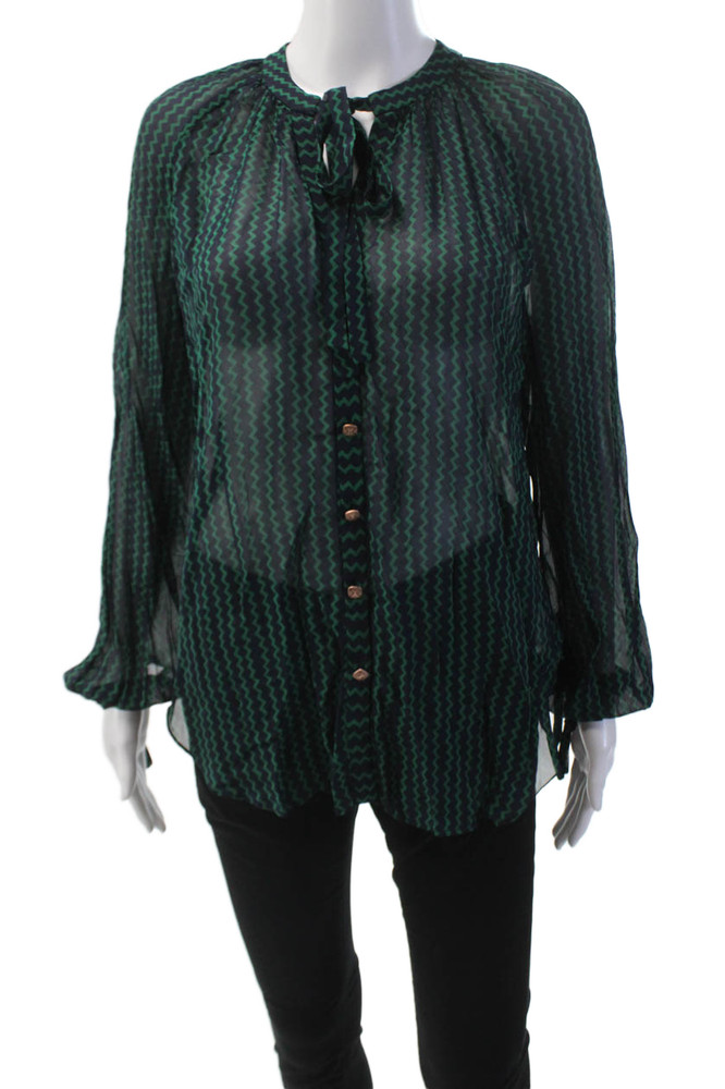 Maeve Anthropologie Womens Sheer Buttoned Striped Neck Tied Blouse Green Size XSFree Shipping in US $100+ Orders | $6.95 Orders Below