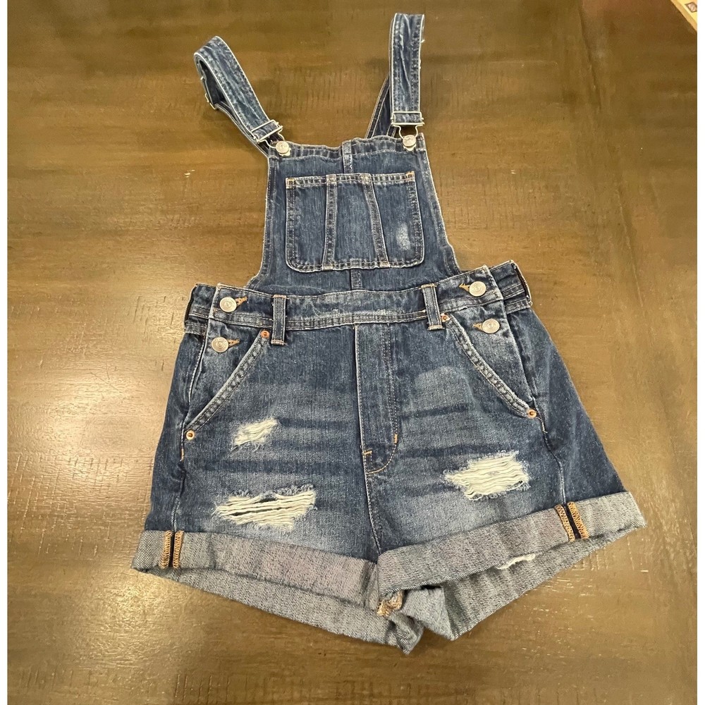 H&M Divided Denim Distressed Short Overalls Women's Size 2 Blue Jean Romper
