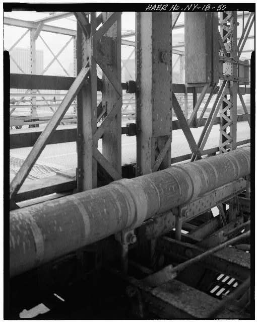 50. View at center of bridge showing connection between main cable and deck