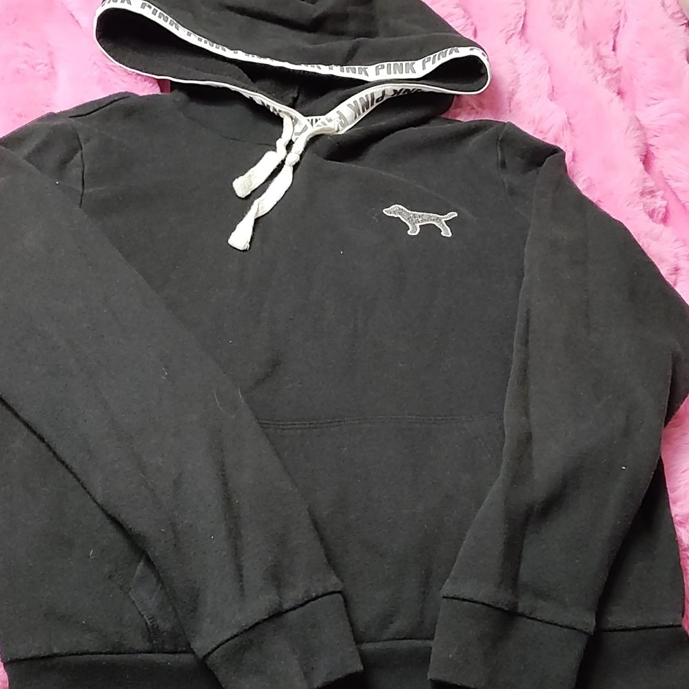 PINK Victoria's Secret Pullover Hoodie Sweatshirt Black Sequin Dog Logo Women M