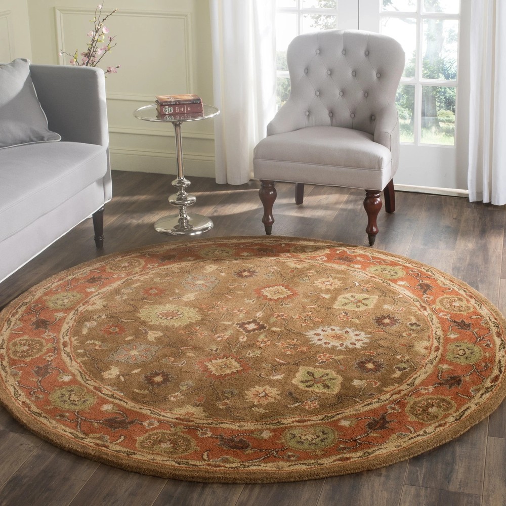 5x5, 6x6, 7x7 Handmade wool  MOSS / RUST carpet, Geometric area rug, Round shape