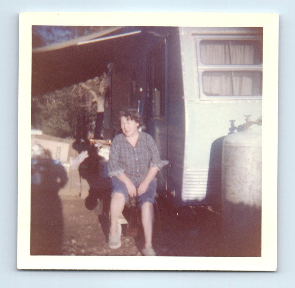 Old Vintage Square Color Photo SOLO WOMAN BY TRAILER LONG SHADOW 1963 PIC