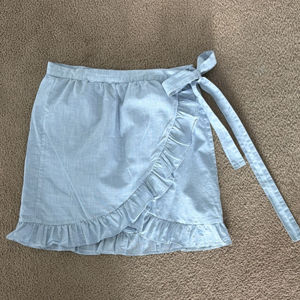 Madewell Lt Blue Chambray Wrap Short Skirt Ruffle Tie Size 2  Garden Coastal
