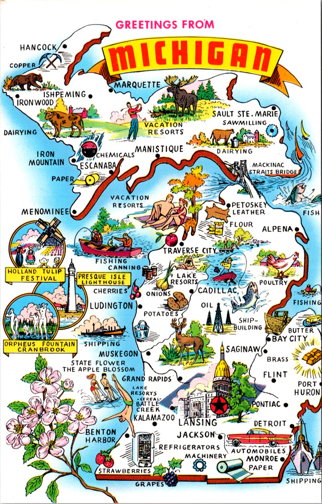 Vintage Postcard Greetings From Michigan Illustrated Map State Attractions