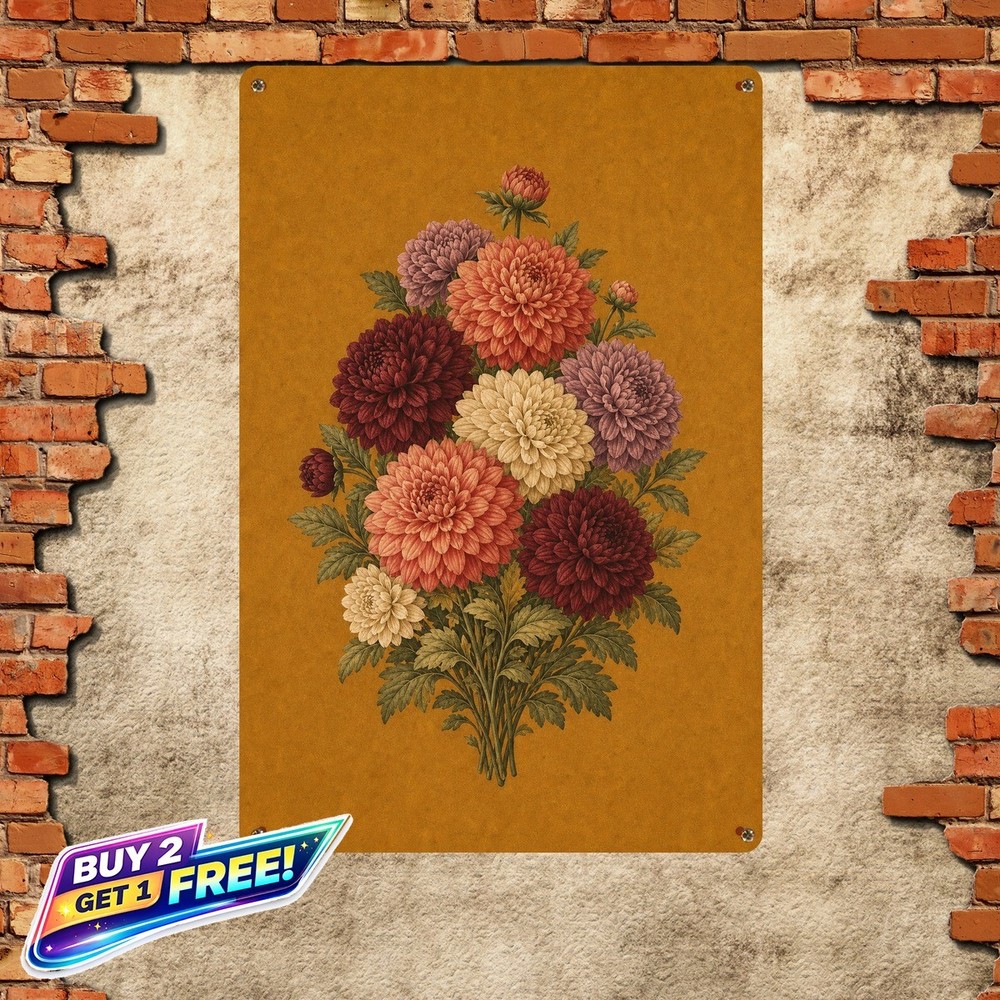 Chrysanthemum Botanical Bouquet Illustration Vintage Metal Tin Sign
